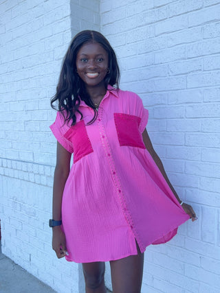 Rhinestone Color Block Dress- button up, BUTTON UP DRESS, clothing, COLLARED DRESS, Dresses & Rompers, Sale, Seasonal, VALENTINE, VALENTINES, VALENTINES DRESS-Pink Multi-S-Ace of Grace Women's Boutique