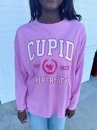 Strawberry Cupid University Long Sleeve Graphic Tee- clothing, Graphic Tees, Sale, Seasonal, Tops, VALENTINE, Valentine Collection, VALENTINES, VALENTINES GRAPHIC TEE, VALENTINES TOP, VALENTINES TSHIRT-Ace of Grace Women's Boutique