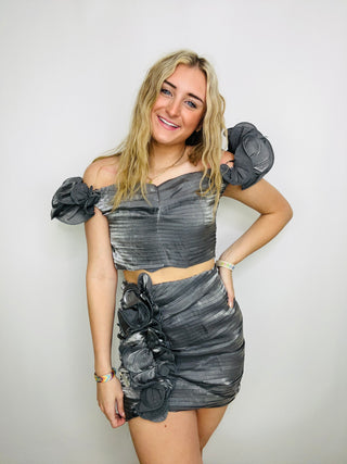 Gunmetal Iridescent Ruffle Tube Top- clothing,GRAY,GUNMETAL,MATCHING SET,Sale,Sets,Tops,TWO PIECE SET-Ace of Grace Women's Boutique