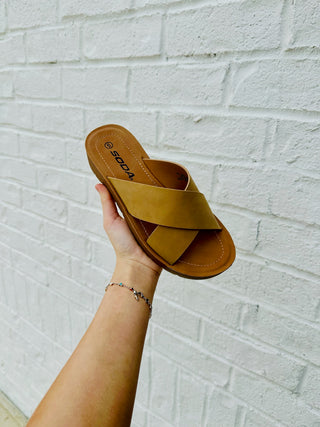 Comfy Criss Cross Slip On Sandal- leather sandals, nude sandals, platform, platform sandal, platform sandals, SANDALS, Shoes, SLIP ON SANDALS, slip ons, tan sandals-Ace of Grace Women's Boutique