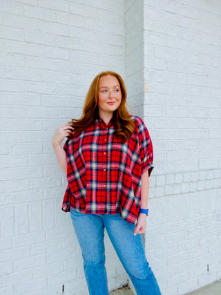 Red Plaid Button Down Oversized Top- basic top, BLACK BUTTON UP TOP, button up, button up top, clothing, Sale, Seasonal, Tops-Ace of Grace Women's Boutique