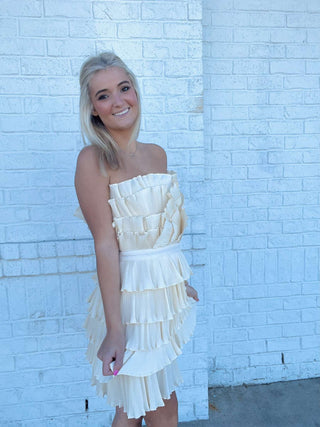 Cream Layered Pleated Ruffle Mini Dress- Bachelorette,BRIDE DRESS,church dress,cream dress,dress,dresses & rompers,Dressy,flowy dress,game day dress,GRADUATION,GRADUATION DRESS,layered dress,mini dress,Pref dress,recruitment,ruched dress,RUFFLED DRESS,RUSH,Sale,tiered dress,wedding,WHITE GRADUATION DRESS-Ace of Grace Women's Boutique