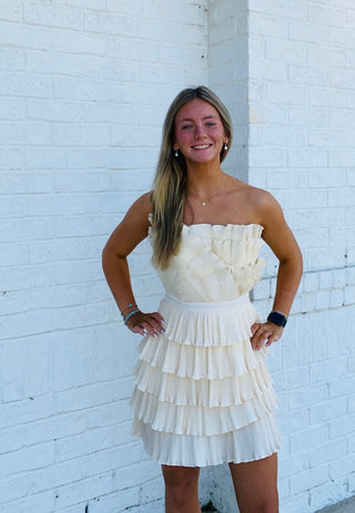 Cream Layered Pleated Ruffle Mini Dress- Bachelorette,BRIDE DRESS,church dress,cream dress,dress,dresses & rompers,Dressy,flowy dress,game day dress,GRADUATION,GRADUATION DRESS,layered dress,mini dress,Pref dress,recruitment,ruched dress,RUFFLED DRESS,RUSH,Sale,tiered dress,wedding,WHITE GRADUATION DRESS-Ace of Grace Women's Boutique