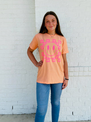 Flower Checkered Happy Face Tee- clothing, Curvy, graphic, GRAPHIC TEE, Graphic Tees, happy, happy face, HOT PINK GRAPHIC TEE, pink smiley, plus size graphic tee, smiley, smiley face, smileyface, Tops-Ace of Grace Women's Boutique