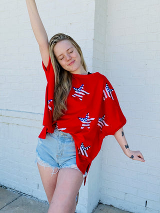 Red Sequin Star Flag Shirt- 4th of july, AMERICAN FLAG, clothing, Flag, July, July 4, July 4th, Memorial, Memorial Day, oversized, OVERSIZED TEE, OVERSIZED TOP, patriotic, QUEEN, queen of sparkles, QUEEN OF SPARKLES TEE, QUEEN OF SPARKLES TSHIRT, red shirt, red top, rhinestone stars, Seasonal, SEQUIN, sequin top, SEQUINS, STARS, Tops-Ace of Grace Women's Boutique