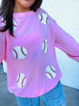 Pink Sequin Baseball Lightweight Sweatshirt- Ball games, Ballpark, BASEBALL, BASEBALL GRAPHIC TEE, BASEBALL TEE, BASEBALL TSHIRT, clothing, comfy sweatshirt, Curvy, LIGHTWEIGHT, LIGHTWEIGHT TOP, pink sweatshirt, plus size sweatshirt, plus sweatshirt, Tops-Ace of Grace Women's Boutique