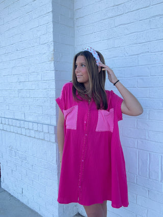 Rhinestone Color Block Dress- button up, BUTTON UP DRESS, clothing, COLLARED DRESS, Dresses & Rompers, Sale, Seasonal, VALENTINE, VALENTINES, VALENTINES DRESS-Fuchsia Multi-S-Ace of Grace Women's Boutique