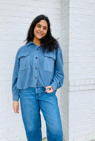 Blue Button Up Shacket- blue shacket,button up shacket,clothing,New arrival,outerwear,Sale,shacket,Tops-Ace of Grace Women's Boutique