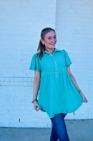 Green Washed Linen Contrast Detailed Top- clothing, emerald green, GREEN, green top, kelly green, LIME GREEN, Patrick's, Sale, Seasonal, st. paddy's, ST. PATRICK'S DAY, Tops-Ace of Grace Women's Boutique