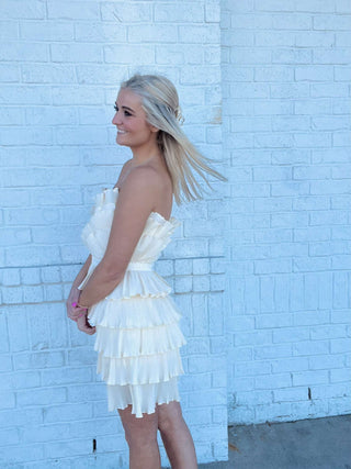 Cream Layered Pleated Ruffle Mini Dress- Bachelorette,BRIDE DRESS,church dress,cream dress,dress,dresses & rompers,Dressy,flowy dress,game day dress,GRADUATION,GRADUATION DRESS,layered dress,mini dress,Pref dress,recruitment,ruched dress,RUFFLED DRESS,RUSH,Sale,tiered dress,wedding,WHITE GRADUATION DRESS-Ace of Grace Women's Boutique