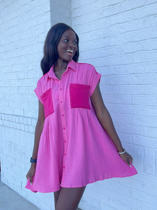 Rhinestone Color Block Dress- button up, BUTTON UP DRESS, clothing, COLLARED DRESS, Dresses & Rompers, Sale, Seasonal, VALENTINE, VALENTINES, VALENTINES DRESS-Pink Multi-M-Ace of Grace Women's Boutique
