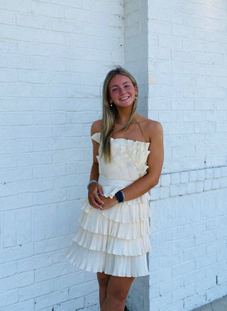 Cream Layered Pleated Ruffle Mini Dress- Bachelorette,BRIDE DRESS,church dress,cream dress,dress,dresses & rompers,Dressy,flowy dress,game day dress,GRADUATION,GRADUATION DRESS,layered dress,mini dress,Pref dress,recruitment,ruched dress,RUFFLED DRESS,RUSH,Sale,tiered dress,wedding,WHITE GRADUATION DRESS-Ace of Grace Women's Boutique
