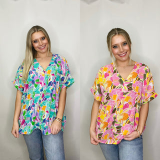 Patterned Floral V Neck Boxy Top- floral, floral pattern, PATTERN, patterns, SPRING, Tops, V NECK, V NECK TOP, work, WORK SHIRT, WORK TOP-Ace of Grace Women's Boutique