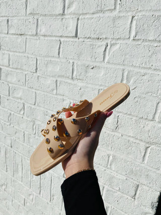 Nude Cross Over Gold Studded Sandal- jelly sandals, nude sandals, Sale, SANDALS, Shoes, SLIP ON SANDALS, tan sandals-Ace of Grace Women's Boutique