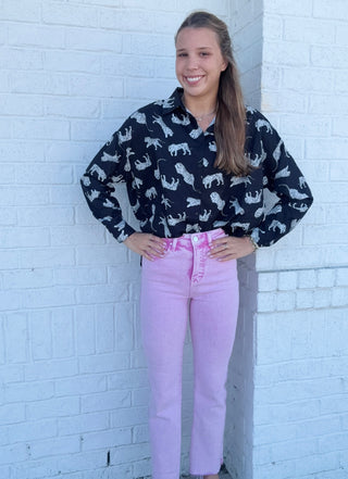 Black Button Up Tiger Long Sleeve- clothing,Tops-Ace of Grace Women's Boutique