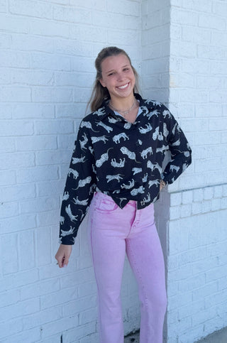 Black Button Up Tiger Long Sleeve- clothing,Tops-Ace of Grace Women's Boutique