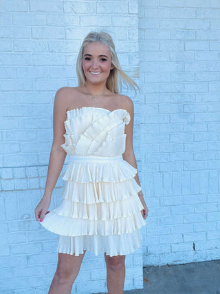 Cream Layered Pleated Ruffle Mini Dress- Bachelorette,BRIDE DRESS,church dress,cream dress,dress,dresses & rompers,Dressy,flowy dress,game day dress,GRADUATION,GRADUATION DRESS,layered dress,mini dress,Pref dress,recruitment,ruched dress,RUFFLED DRESS,RUSH,Sale,tiered dress,wedding,WHITE GRADUATION DRESS-Ace of Grace Women's Boutique