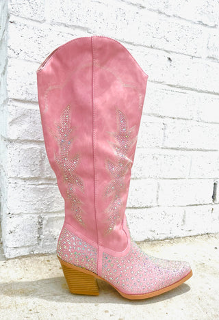 Pink Iridescent Rhinestone Tall Cowgirl Boot- BOOTS, cowboy boots, cowgirl boots, pink boots, pink cowgirl boots, Shoes-Ace of Grace Women's Boutique