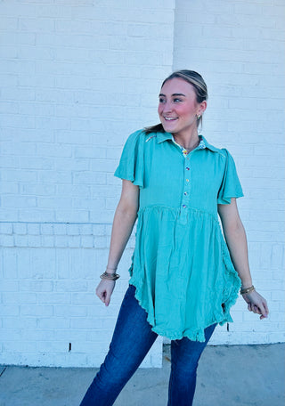 Green Washed Linen Contrast Detailed Top- clothing, emerald green, GREEN, green top, kelly green, LIME GREEN, Patrick's, Sale, Seasonal, st. paddy's, ST. PATRICK'S DAY, Tops-Ace of Grace Women's Boutique