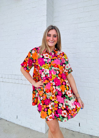 Orange & Pink Button Up Collared Dress- button up, BUTTON UP DRESS, dresses & rompers, floral, floral dress, SPRING, Spring dress-Ace of Grace Women's Boutique