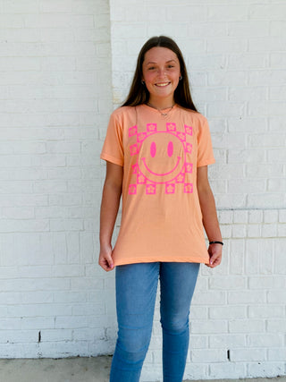 Flower Checkered Happy Face Tee- Curvy, graphic, GRAPHIC TEE, Graphic Tees, happy, happy face, HOT PINK GRAPHIC TEE, pink smiley, plus size graphic tee, smiley, smiley face, smileyface, Tops-Ace of Grace Women's Boutique