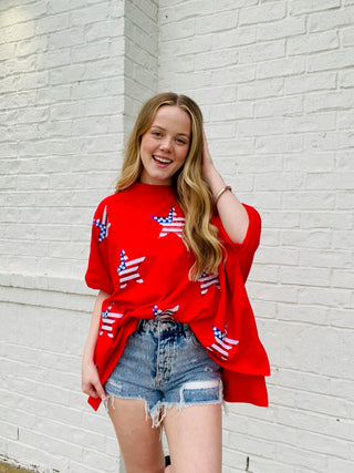 Red Sequin Star Flag Shirt- 4th of july, AMERICAN FLAG, clothing, Flag, July, July 4, July 4th, Memorial, Memorial Day, oversized, OVERSIZED TEE, OVERSIZED TOP, patriotic, QUEEN, queen of sparkles, QUEEN OF SPARKLES TEE, QUEEN OF SPARKLES TSHIRT, red shirt, red top, rhinestone stars, Seasonal, SEQUIN, sequin top, SEQUINS, STARS, Tops-Ace of Grace Women's Boutique