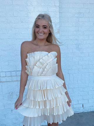 Cream Layered Pleated Ruffle Mini Dress- Bachelorette,BRIDE DRESS,church dress,cream dress,dress,dresses & rompers,Dressy,flowy dress,game day dress,GRADUATION,GRADUATION DRESS,layered dress,mini dress,Pref dress,recruitment,ruched dress,RUFFLED DRESS,RUSH,Sale,tiered dress,wedding,WHITE GRADUATION DRESS-Ace of Grace Women's Boutique