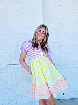 Multi Colored Striped Puff Sleeve Dress- clothing, dresses & rompers, MULTI COLORED DRESS, pockets, PUFF SLEEVE, puff sleeves, STRIPED, striped dress-Ace of Grace Women's Boutique