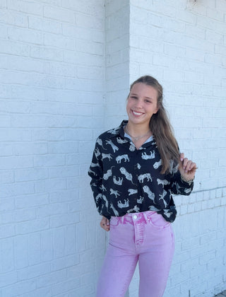 Black Button Up Tiger Long Sleeve- clothing,Tops-Ace of Grace Women's Boutique