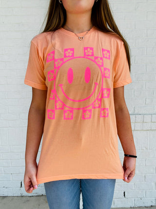 Flower Checkered Happy Face Tee- Curvy, graphic, GRAPHIC TEE, Graphic Tees, happy, happy face, HOT PINK GRAPHIC TEE, pink smiley, plus size graphic tee, smiley, smiley face, smileyface, Tops-Ace of Grace Women's Boutique