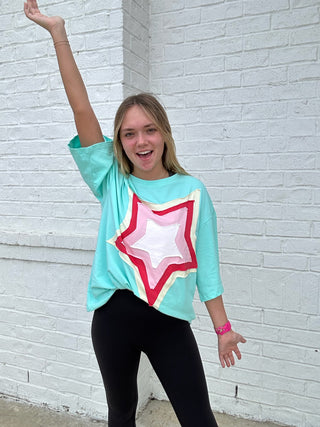 Star Patch Oversized Tee- Curvy, PREORDER, STAR, STAR TOP, STARS, Top, Tops-Ace of Grace Women's Boutique