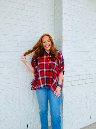 Red Plaid Button Down Oversized Top- basic top, BLACK BUTTON UP TOP, button up, button up top, clothing, Sale, Seasonal, Tops-Ace of Grace Women's Boutique