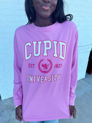 Strawberry Cupid University Long Sleeve Graphic Tee- clothing, Graphic Tees, Sale, Seasonal, Tops, VALENTINE, Valentine Collection, VALENTINES, VALENTINES GRAPHIC TEE, VALENTINES TOP, VALENTINES TSHIRT-Ace of Grace Women's Boutique