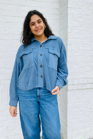 Blue Button Up Shacket- blue shacket,button up shacket,clothing,New arrival,outerwear,Sale,shacket,Tops-Ace of Grace Women's Boutique