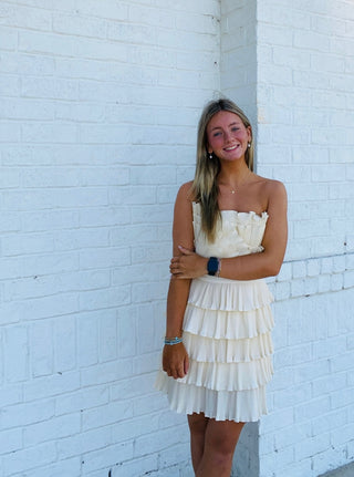 Cream Layered Pleated Ruffle Mini Dress- Bachelorette,BRIDE DRESS,church dress,cream dress,dress,dresses & rompers,Dressy,flowy dress,game day dress,GRADUATION,GRADUATION DRESS,layered dress,mini dress,Pref dress,recruitment,ruched dress,RUFFLED DRESS,RUSH,Sale,tiered dress,wedding,WHITE GRADUATION DRESS-Ace of Grace Women's Boutique