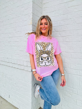 Light Pink Cheetah Bunny Tee- COMFORT COLOR, Curvy, Easter, EASTER GRAPHIC TEE, easter tee, LIGHT PINK, pink, Sale, Seasonal, Tops-Ace of Grace Women's Boutique