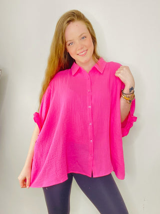 Pink Oversized Top with Scalloped Sleeves- oversized, OVERSIZED TEE, OVERSIZED TOP, Pink shirt, pink top, Spring shirt, Tops-Ace of Grace Women's Boutique
