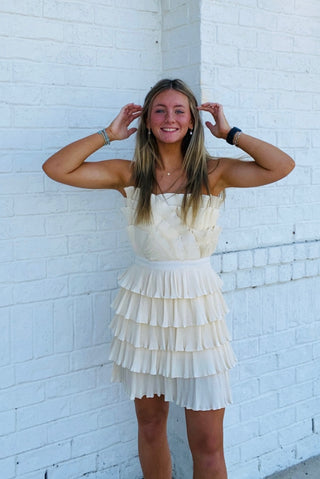 Cream Layered Pleated Ruffle Mini Dress- Bachelorette,BRIDE DRESS,church dress,cream dress,dress,dresses & rompers,Dressy,flowy dress,game day dress,GRADUATION,GRADUATION DRESS,layered dress,mini dress,Pref dress,recruitment,ruched dress,RUFFLED DRESS,RUSH,Sale,tiered dress,wedding,WHITE GRADUATION DRESS-Ace of Grace Women's Boutique