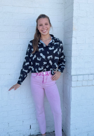 Black Button Up Tiger Long Sleeve- clothing,Tops-Ace of Grace Women's Boutique