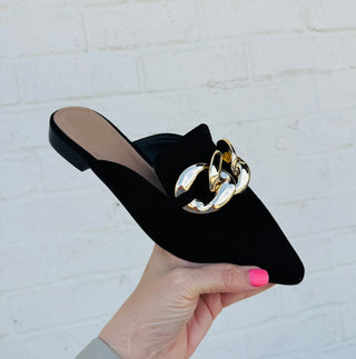 Black Mules with Gold Chain-shoe- chain,FOOTWEAR,gold chain,Mule,shoe,Shoes-Ace of Grace Women's Boutique