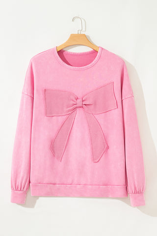 Waffle Patchwork Bow Mineral Wash Pullover-Plus Size/Plus Size Sweatshirts & Hoodies- All In Stock,BOW,Color Pink,Craft Applique,Craft Washed,Curvy,Detail Bow,Fabric Waffle Knit,Hot picks,Occasion Daily,Season Fall & Autumn,Style Casual,Tops-Ace of Grace Women's Boutique