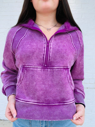 Acid Wash Half Zip Pullover | 2 colors- half zip, Lulu, outerwear, pullover, Scooba, Scuba, Tops-Plum-S-Ace of Grace Women's Boutique