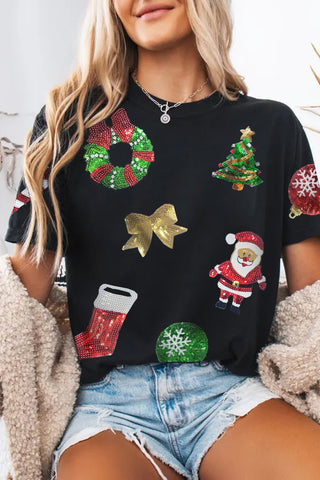 Sequin Christmas Essentials Graphic Tee-Graphic/Graphic Tees- CHRISTMAS,Color Black,Craft Sequin,curv,Curvy,Day Christmas,Detail Bow,PLUS,Print Bow,Print Letter,Season Summer,Seasonal,sparkle season,Style Casual,Tops-Black-S-62%Polyester+32%Cotton+6%Elastane-Ace of Grace Women's Boutique
