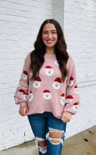 Santa Face Sweater- CHRISTMAS, CHRISTMAS CHEER, CHRISTMAS GRAPHIC TEE, CHRISTMAS SHIRT, christmas sweatshirt, christmas top, Christmas tshirt, clothing, Curvy, fall clothes, fuzzy sweater, green sweater, holiday, HOLIDAYS, knit sweater, MERRY CHRISTMAS, pink sweater, plus size sweater, Santa, SANTA BABY, Santa shirt, SANTA’S FAVORITE, Seasonal, sparkle season, SWEATER, sweater top, sweaters, Tops-Ace of Grace Women's Boutique