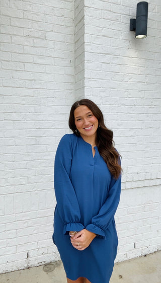 Long Sleeve Dress with Collared Neck- blue dress, church dress, clothing, COLLARED DRESS, Curvy, dress, dresses & rompers, Dressy, FALL, fall clothes, flowy dress, GREEN DRESS, GREEN PLUS SIZE DRESS, NAVY, Navy blue, olive, plus size dress, WOMENS DRESS, WOVEN-Ace of Grace Women's Boutique