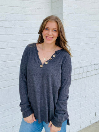 Charcoal Ribbed Button Henley Top- Curvy,FALL,fall clothes,fall transition,Henley,ribbed,Tops-Ace of Grace Women's Boutique