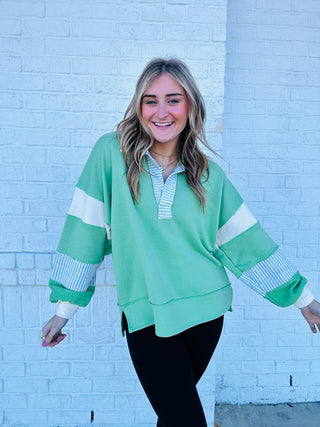 Collared V Neck Loose Fit Pullover- clothing, GREEN, loose fit, pink, pullover, SWEATSHIRTS, Tops-Ace of Grace Women's Boutique