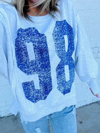 98 Varsity Pullover- blue pullover, clothing, comfy sweatshirt, grey sweatshirt, pullover, sweatshirt, SWEATSHIRTS, Tops-Ace of Grace Women's Boutique