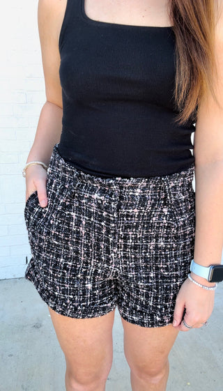 Black Tweed Shorts- black shorts, Bottoms, clothing, dressy shorts, game, game day, game days, gameday, shorts, TWEED-Ace of Grace Women's Boutique