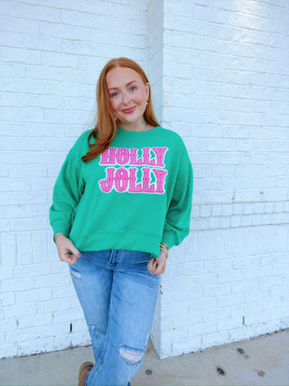 Holly Jolly Sweatshirt (cropped)- CHRISTMAS, CHRISTMAS CHEER, CHRISTMAS GRAPHIC TEE, Christmas Longsleeve, CHRISTMAS SHIRT, christmas sweatshirt, Christmas tee, christmas top, Christmas tshirt, clothing, Curvy, Holly Jolly, HOLLY JOLLY CHRISTMAS, holly jolly pullover, jolly, MERRY CHRISTMAS, Seasonal, Tops-Ace of Grace Women's Boutique